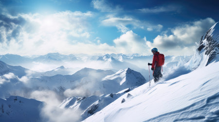 Unrecognisable person woman standing on the snowy mountain cliff and skiing. Winter sport, beautiful Alps landscape.の素材