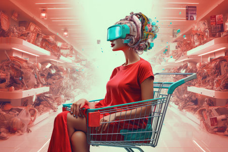 lonely sad man with shopping tray walking trough a pile of garbage of produced items during mass production and consumerism. Ecology problemの素材