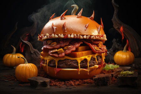 Halloween burger with spooky face, scary themed food photography for menu. Monster food conceptの素材