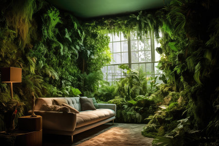 A living room full of greenery and plants, urban green area escape indoors. Mental health wellbeing and close to nature lifestyleの素材