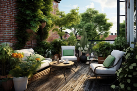 View of a cozy balcony or terrace full of green plants. Home gardening concept.の素材
