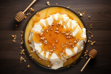 Top view of Kaymak dessert, Turkish dairy product served with honey. Trendy food in South Koreaの素材