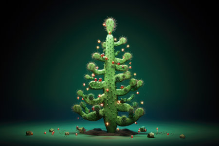 Christmas tree in form of cactus plant, funny Mexican south holiday. Warm christmas in desert. 3d render minimal studio conceptの素材