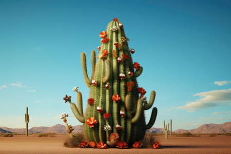 Christmas tree in form of cactus plant, funny Mexican south holiday. Warm christmas in desert. 3d render minimal studio conceptの素材