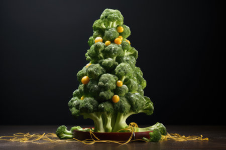 Funny creative christmas tree made with broccoli. Healthy food winter holidays. New year season with vegan dietの素材