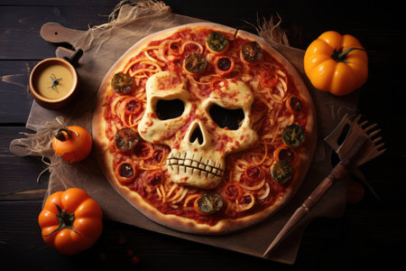Top view of pizza with Halloween scary face of scull or monster on it. Spooky halloween menu food photography.の素材