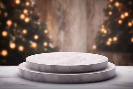 Empty marble circle podium with blurred Christmas background. 3d render style. Place for product, Christmas sale shoppingの素材