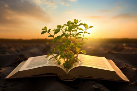 Open book with seedling growing from it. Sunset or sunrise background. Bible or knowledge conceptの素材