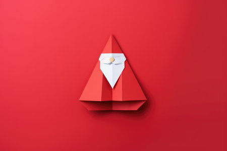 Santa Claus craft made of paper, origami Christmas minimal composition. Funny paperwork, winter holidays, red paper.の素材