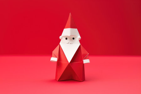 Santa Claus craft made of paper, origami Christmas minimal composition. Funny paperwork, winter holidays, red paper.の素材