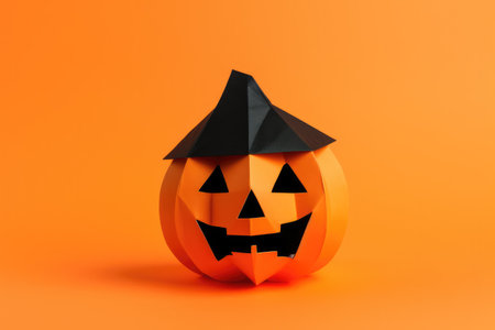 Orange funny paper craft pumpkin in origami technique. Minimal halloween poster, yellow orange plain background.の素材