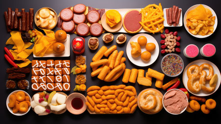 Composition of many junk unhealthy fast food on the table. Ultra processed food concept. Low nutrition value, high calories valueの素材