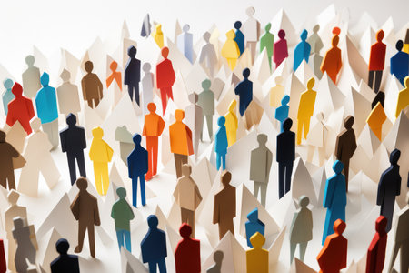 Large crowd of diverse people in paper craft origami style. Overpopulation, diversity society demographic concept.の素材