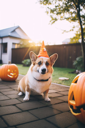 Corgi dog in halloween witch hat costume near jack face pumpkins, sunset light on the suburb backyard. October festive seasonの素材