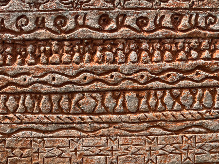 Ukraine, Opishne - 30 August 2023 Ukrainian ceramics museum statues of Ukrainian traditions. Close up of ornate symbols hand drawn on ceramicsのeditorial素材