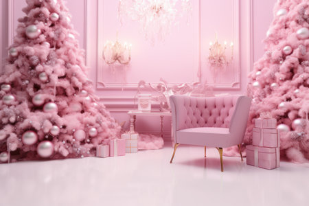 Pink glamour interior with empty space for product. 3d render style, Christmas and new year pedestal or podiumの素材