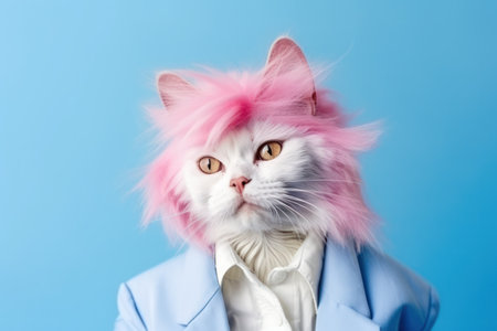 Funny cat portrait with pink hair and in fashionable outfit in y2k style, studio headshot on blue background . High quality photoの素材