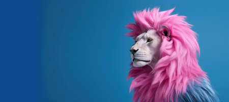 Funny lion portrait in fashion stylish outfit on blue background in studio . High quality photoの素材