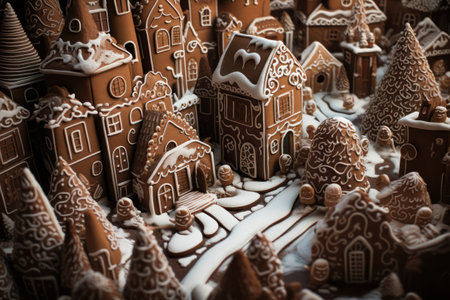 Gingerbread abstract Christmas background, houses and ginger cookie men. Winter season tradition cooking. High quality photoの素材
