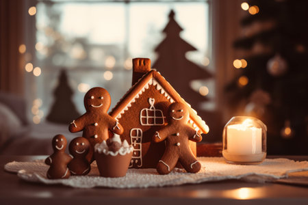 Gingerbread cookies characters family with baked house and decorated with icing. Home cozy higgle vibe, Christmas winter holidays. High quality photoの素材