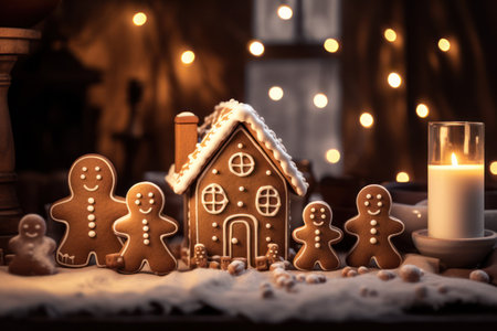 Gingerbread cookies characters family with baked house and decorated with icing. Home cozy higgle vibe, Christmas winter holidays. High quality photoの素材