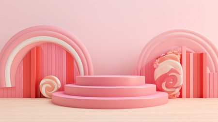 banner of 3d render style background with empty pedestal for products, candycore aesthetics. pink, purple colors. . High quality illustrationの素材