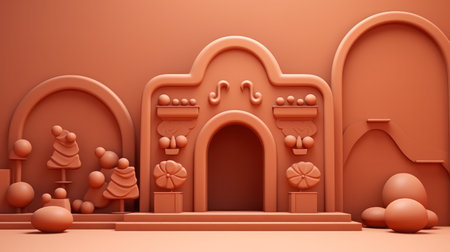 Gingerbread background 3d render style of a Christmas podium stage for product. Brown cookie color, winter baking tradition. High quality illustrationの素材