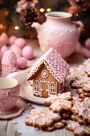 Gingerbread house food photography in pink and white colors, candycore aesthetics. Traditional Christmas backing in princess glamour style . High quality photoの素材