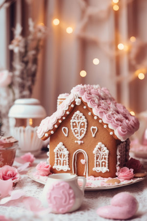 Gingerbread house food photography in pink and white colors, candycore aesthetics. Traditional Christmas backing in princess glamour style . High quality photoの素材