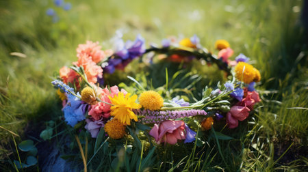 Close-up of spring summer flower wreath on a green meadow. Pagan tradition and holiday of Midsummer solstice . High quality photoの素材