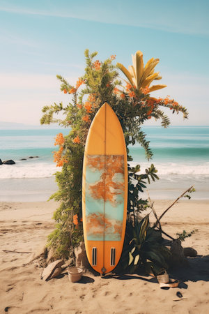Surfboard art on the ocean beach with flowers and plants, instant camera look retro style. Summer coastal vibes. High quality photoの素材