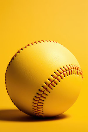 Yellow softball on yellow plain studio background, athletic minimal baseball sports . High quality photoの素材