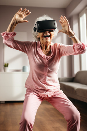 Senior woman doing VR sports at home with VR glasses, pink pyjama. Funny old active people . High quality photoの素材