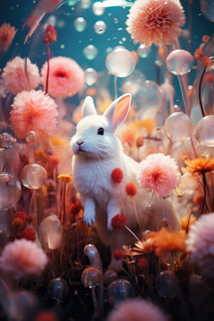 A funny white bunny swimming underwater around pink baubles and corals. Weird easter celebrationの素材