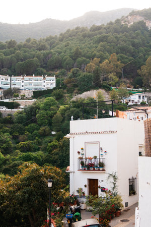 A close-up of a traditional white home in Ojen with a flower-adorned balcony, set against the green Andalusian hillsideの写真素材
