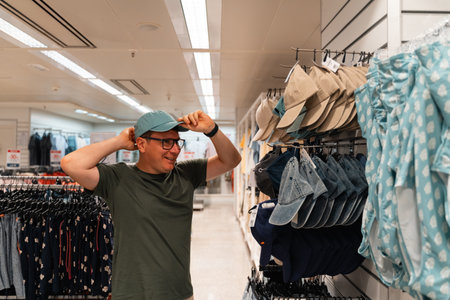 A man tries on a blue hat while browsing a selection of hats in a clothing store. Male consumerism,...