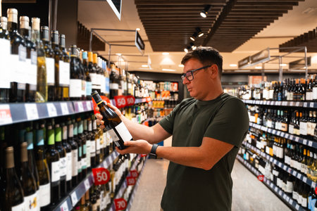 A man in a store aisle, carefully examining a bottle of wine among a variety of options. Male...