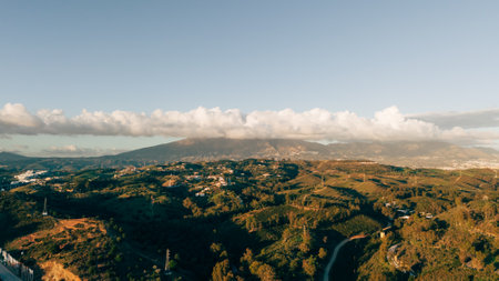 Aerial view of the tranquil rolling hills and countryside in La Cala de Mijas, Malaga, Spainの写真素材