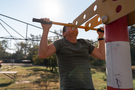 A man focuses on pull-ups during a workout on outdoor gym equipment, surrounded by nature on a sunny...