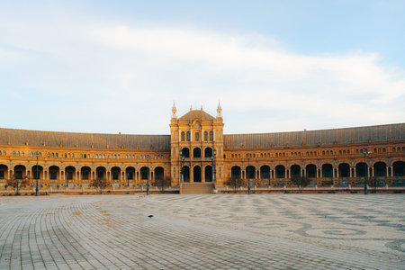 Majestic plaza de Espana in seville with architectural grandeur at sunset. Spain Square, Plaza de...