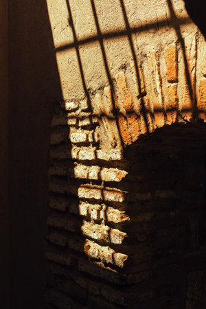 Sunlight and Shadows on Ancient Wall, Castillo de Gibralfaro, Malagaの写真素材