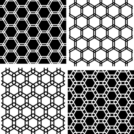 Seamless hexagons patterns set. White and black geometric textures and backgrounds. Vector art.のイラスト素材
