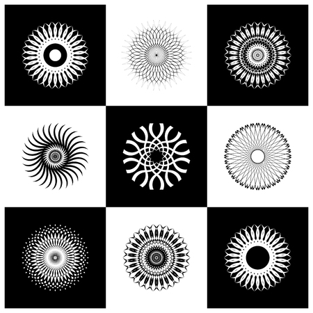 Design elements set. Abstract black and white circle decorative icons. Vector art.のイラスト素材