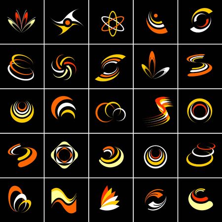Design elements set. Abstract icons in warm colors isolated on black. Vector art.のイラスト素材