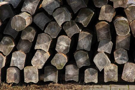 Stack of construction timber. Wooden logs for building material.の写真素材