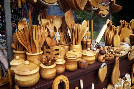 Handicraft kitchenware and other handmade wooden souvenirs and goods.                    の写真素材