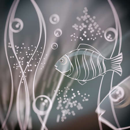 Underwater scene with fish and  bubbles at seabed. Selective focus effect. Illustration.の写真素材