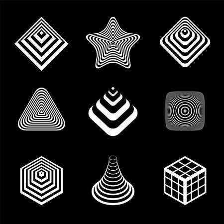Design elements set. Abstract white icons on black background. 3D illusion. Vector art.のイラスト素材