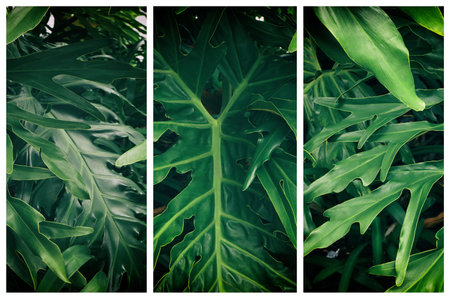 Triptych of big green leaves of Monstera. Natural green background.の写真素材