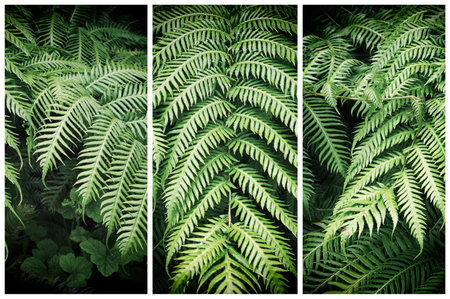 Triptych of leaves of fern. Natural green background.の写真素材
